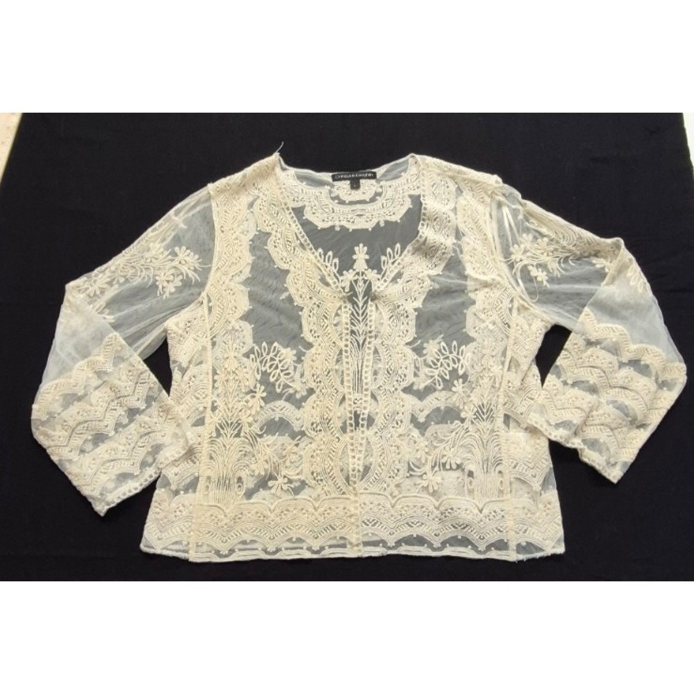 Chris‎ Mclaughlin white cream lace blouse top sheer long sleeve LG boho chic